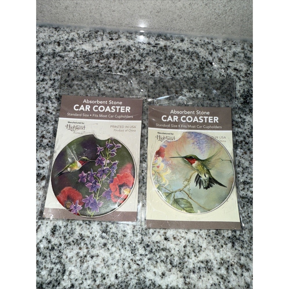 2 Highland Car Coaster Humming Bird And Flowers